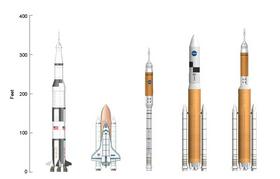 Od leve proti desni: Saturn V, Raketoplan, Ares I, Ares V in Ares IV