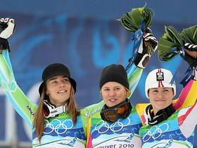 Najboljše tri smučarke na olimpijskem veleslalomu.