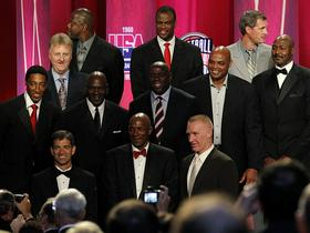 John Stockton, Clyde Drexler, Chris Mullin, Scottie Pippen, Michael Jordan, Magic Johnson, Charles Barkley, Karl Malone, Larry Bird, Patrick Ewing, David Robinson in Christian Laettner