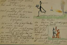 V nemškem jeziku zapisane pesmi in ilustracije vojne iz septembra leta 1914.
