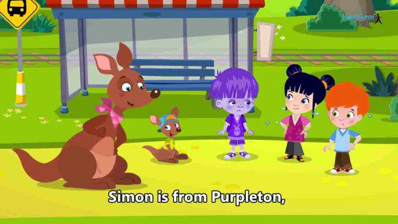 Simon (vijoličen deček) prihaja iz dežele, kjer je vse vijolično. 