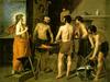 Velásquez: Apolon v Vulkanovi delavnici, okoli 1630 ali 1631 – Prado v Madridu Domnevajo, da je to delo Velásquez naslikal med prvim obiskom Italije. Gre za prizor Apolona, ki ga prepoznamo po siju. Vulkanu, bogu ognja, pove, da je Venera, boginja ljubezni, prešuštvovala z Marsom, bogom vojne. Zanimiv je kontrast med podobo Apolona ter Vulkana in njegovih delavcev. Medtem ko je prvi kot nekakšen mil božanski privid, so Vulkanovi možje mnogo bolj realistično upodobljeni in so pravzaprav pravi kovači tistega časa. Na figurah dokazuje Velásquez svoje poznavanje človeške anatomije, ki si ga je pridobil v Rimu, opazimo pa tudi vplive beneškega renesančnega oziroma že manierističnega slikarstva. Foto: EPA
