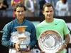 Rafael Nadal in Roger Federer sta med seboj osemkrat igrala v finalih turnirjev za grand slam, Španec je bil boljši šestkrat (Roland Garros 2006-2008, 2011, Wimbledon 2008, Melbourne 2009), Švicar pa dvakrat (Wimbledon 2006-2007). Foto: EPA