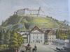 Pogled na grad z gledališčem, eno izmed Prešernovih 'hudičevih' hiš. Litografija izpred prenove leta 1846. Foto: Foto: Arhiv NUK