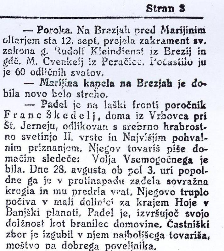 Časopisna notica o padlem junaku Francu Škedlju.