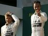 Prizor, ki smo ga že vajeni iz lanske sezone: dvojna zmaga Mercedesa, na najvišji stopnički pa Lewis Hamilton. Foto: Reuters