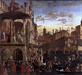 Vittore Carpaccio: Ozdravljenje norca, iz serije Čudeži pravega križa, 1494, tempera na platnu (365 x 389 cm), Gallerie dell'Accademia, Benetke.