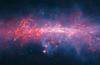 Droben izsek ogromne fotografije, ki zajema središče Galaksije. Podatki teleskopa ATLASGAL so v rdečem, Planckovi bledordeči in Spitzerjevi v modrem. Foto: ESO/APEX/ATLASGAL consortium/NASA/GLIMPSE consortium/ESA/Planck