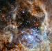 Širša meglica Tarantela na svežem Hubblovem posnetku. Kopica R136 je spodaj levo v obliki modrikastih, močno sijočih pik, ki osvetljujejo okoliške oblake plina. Foto: NASA, ESA, P Crowther (University of Sheffield)