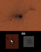 Zgoraj barvni posnetek kraterja, izdelal ga je Nasin Mars Reconnaissance Orbiter. Spodaj padalo in toplotni ščit. Barve so prilagojene tako, da je kontrast med pojavi in marsovskim ozadjem večji. Foto: NASA/JPL-Caltech/University of Arizona