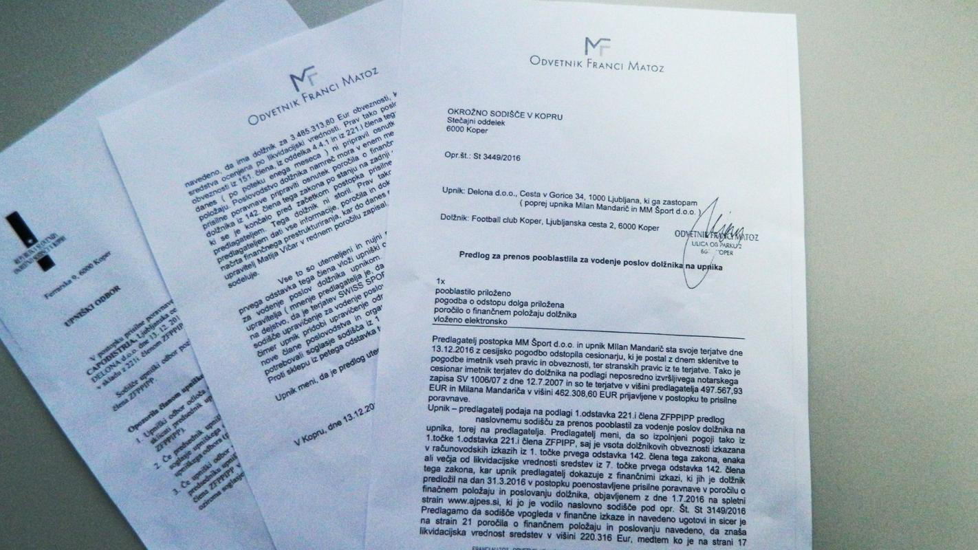 Predlog, ki ga je na Okrožno sodišče v Kopru poslal odvetnik Franci Matoz in zahteva tega sodišča za mnenje upniškega odbora. Foto: Radio Koper
