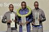 Kenijec Marius Kimutai je slavil v teku na 42 km na že 22. ljubljanskem maratonu. Tudi preostali dve mesti na zmagovalnem odru pripadata Keniji. Foto: BoBo