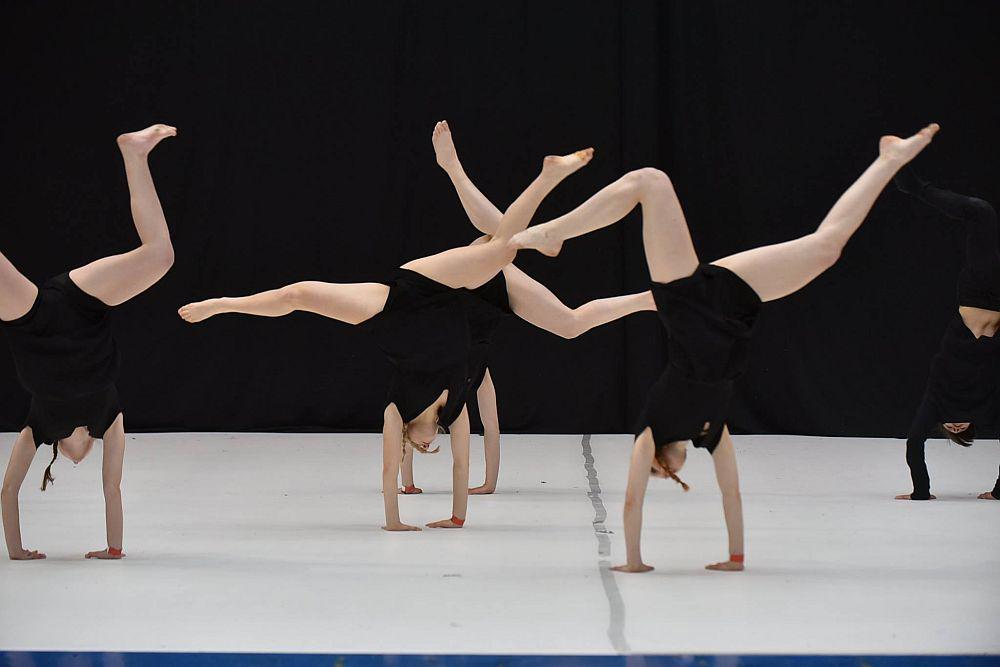 V predstavi Falling koreografov Michala Rynie in Nastje Bremec plešejo Alja Berlot, Ela Kragelj, Iva Mačus, Lia Zuljan, Luka Vodopivec, Mateja Jelaska, Matilde Molendi, Matija Mačus, Noemi Capuano in Tjaša Bucik. Foto: JSKD