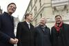 Belgijski minister za zunanje in evropske zadeve Didier Reynders, luksemburški predsednik vlade Xavier Bettel, nizozemski predsednik vlade Mark Rutte in predsednik slovenske vlade Miro Cerar se pogovarjajo med sprehodom po Ljubljani 6. februarja 2018. Foto: BoBo/Žiga Živulović ml.