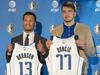 Jalen Brunson in Luka Dončić sta se na novinarski konferenci v American Airlines Centru predstavila medijem v Dallasu. Foto: Reuters