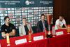 Trenerja in kapetana obeh ekip na novinarski konferenci v Ljubljani (od leve proti desni): Mirza Begić, Zoran Martić, Jurica Golemac in Alen Hodžić. Foto: www.alesfevzer.com