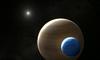 Tako si na podlagi zbranih podatkov planet Kepler-1625b ter njegovo eksoluno predstavlja umetnik pri Nasi. Planet je velik kot Jupiter, luna pa kot Neptun, oba sta plinska (ne kamnita kot Zemlja). Bolj oddaljena je zvezda, ki je podobna Soncu. Na nočnem nebu je z golimi očmi ni mogoče videti. Foto: JAXA, University of Tokyo & collaborators