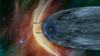 Lokaciji obeh Voyagerjev v letu 2018 glede na heliosfero. Kako daleč sta, je vidno že iz majhnosti osrednjih obročev (tirnic planetov). Zadnji znani planet se nahaja 30 astronomskih enot od Sonca, Popotnika sta več kot trikrat dlje. Kaj pa pomenijo izrazi? Heliosfera (heliosphere) je celotno območje, kjer prevladujejo delci Sonca, zdaj pa še malo o podkategorijah. V modrem balončku so Sončevi delci hitrejši od zvoka, na robu pa nastane terminacijski šok (termination shock), kjer se upočasnijo pod to hitrost. Učinek je podoben tistemu, ko voda iz pipe na dnu korita ustvari krogec - rob krogca je