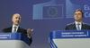 Evropski komisar za ekonomske in finančne zadeve Pierre Moscovici in podpredsednik Evropske komisije Valdis Dombrovskis med novinarsko konferenco v Bruslju. Foto: EPA Foto: