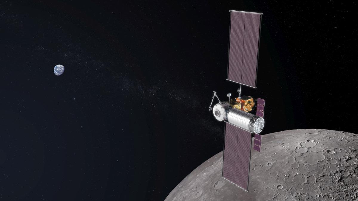 Mini vesoljska postaja v orbiti okoli Meseca. Podoba je računalniško ustvarjena. Foto: Nasa Mini vesoljska postaja v orbiti okoli Meseca. Podoba je računalniško ustvarjena. Foto: Nasa