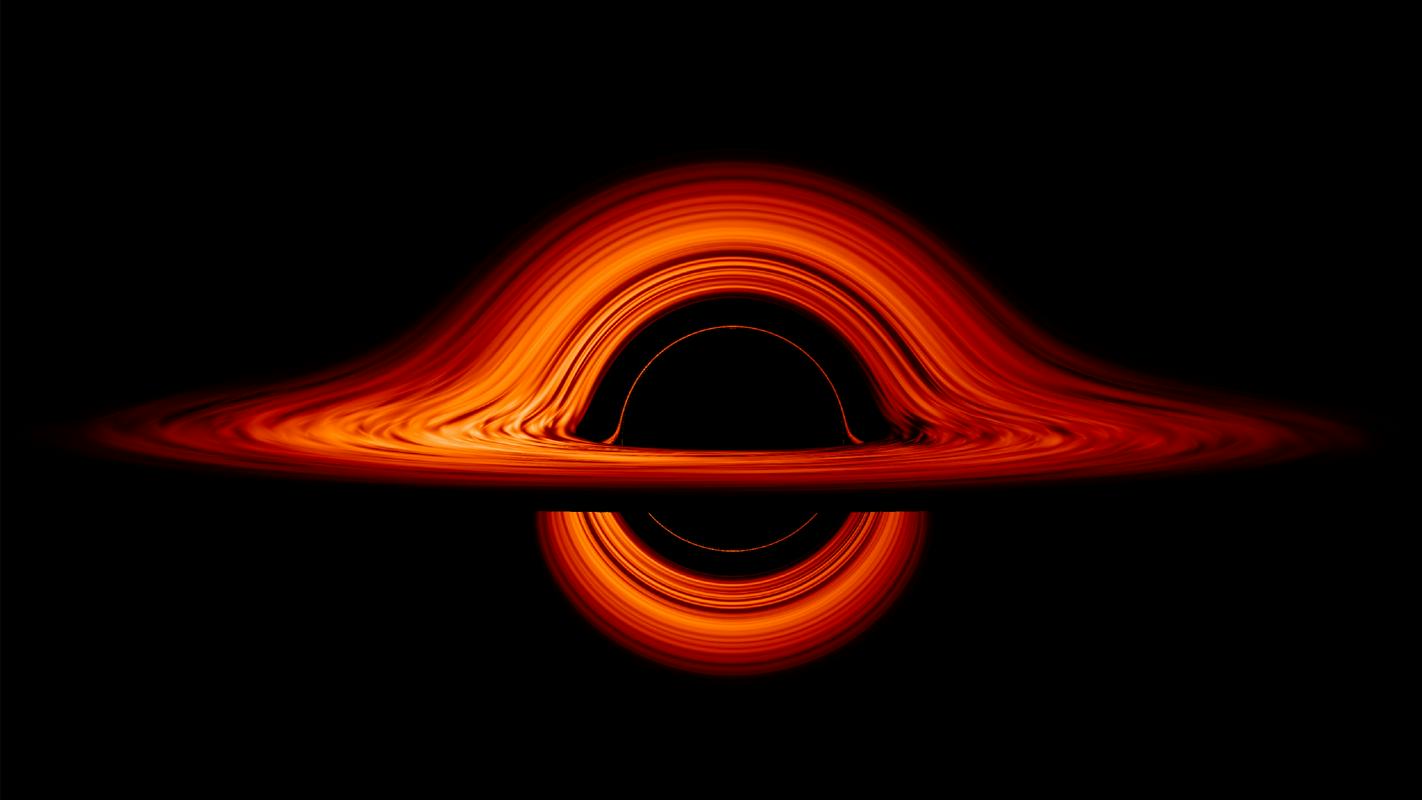 Tako naj bi bila črna luknja videti od strani. Podoba je računalniško ustvarjena. Foto: NASA’s Goddard Space Flight Center/Jeremy Schnittman Tako naj bi bila črna luknja videti od strani. Podoba je računalniško ustvarjena. Foto: NASA’s Goddard Space Flight Center/Jeremy Schnittman
