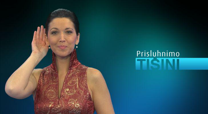 Opis slike: Na fotografiji je napovedovalka oddaje Prisluhnimo tišini Ingrid Pavšič, ki s kretnjo ponazarja naslov oddaje Prisluhnimo tišini. Ta je izpisan na desni strani slike. Napovedovalka desno dlan nekoliko školjkasto drži za desnim ušesom. Foto: arhiv RTV SLO Opis slike: Na fotografiji je napovedovalka oddaje Prisluhnimo tišini Ingrid Pavšič, ki s kretnjo ponazarja naslov oddaje Prisluhnimo tišini. Ta je izpisan na desni strani slike. Napovedovalka desno dlan nekoliko školjkasto drži za desnim ušesom. Foto: arhiv RTV SLO