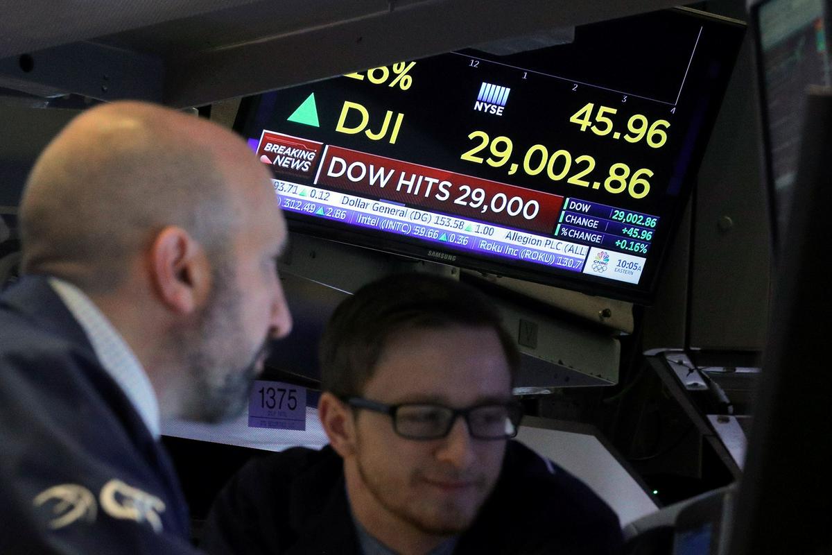 Dow Jones je bil včeraj kar nekaj časa nad 29 tisoč točkami. Na Wall Streetu se bo sicer za nekaj časa fokus od makroekonomije preselil k mikroekonomiji, saj se je začela sezona objav četrtletnih dobičkov. Banka JP Morgan Chase je v zadnjem lanskem četrtletju ustvarila 8,5 milijarde dolarjev dobička, kar je 20,6 odstotka več kot v istem obdobju predlani. Celoletni dobiček se je povzpel na rekordnih 36,4 milijarde dolarjev. Foto: Reuters Dow Jones je bil včeraj kar nekaj časa nad 29 tisoč točkami. Na Wall Streetu se bo sicer za nekaj časa fokus od makroekonomije preselil k mikroekonomiji, saj se je začela sezona objav četrtletnih dobičkov. Banka JP Morgan Chase je v zadnjem lanskem četrtletju ustvarila 8,5 milijarde dolarjev dobička, kar je 20,6 odstotka več kot v istem obdobju predlani. Celoletni dobiček se je povzpel na rekordnih 36,4 milijarde dolarjev. Foto: Reuters