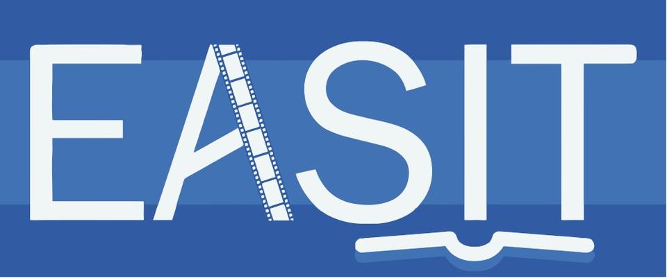 Logotip projekta EASIT. Ime projekta je napisano z velikimi belimi tiskanimi črkami na modri podlagi. Leva poševnica črke A je narisana kot filmski trak. Pod črkami S, I in T leži odprta knjiga. Foto: EASIT Logotip projekta EASIT. Ime projekta je napisano z velikimi belimi tiskanimi črkami na modri podlagi. Leva poševnica črke A je narisana kot filmski trak. Pod črkami S, I in T leži odprta knjiga. Foto: EASIT