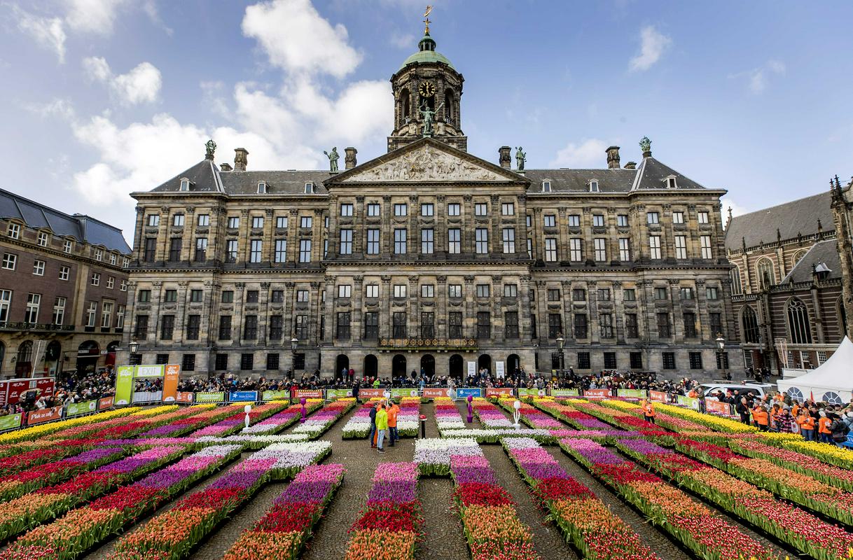 Amsterdamski trg Dam enkrat letno napolnijo tulipani. Foto: EPA Amsterdamski trg Dam enkrat letno napolnijo tulipani. Foto: EPA