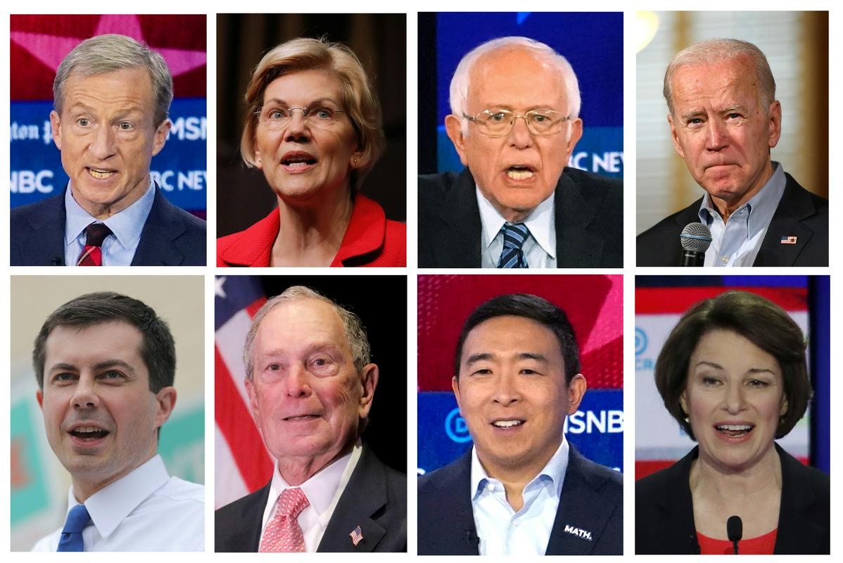Osmerica v boju za demokratsko nominacijo: Tom Steyer, Elizabeth Warren, Bernie Sanders, Joe Biden, Amy Klobuchar, Andrew Yang, Michael Bloomberg in Pete Buttigieg. Foto: Reuters Osmerica v boju za demokratsko nominacijo: Tom Steyer, Elizabeth Warren, Bernie Sanders, Joe Biden, Amy Klobuchar, Andrew Yang, Michael Bloomberg in Pete Buttigieg. Foto: Reuters