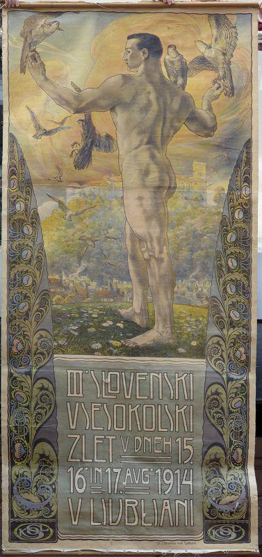 Športno društvo Narodni dom je Narodni galeriji podarilo plakat, ki vabi na 3. slovenski vsesokolski zlet v Ljubljani od 15. do 17. avgusta 1914. Plakat je zasnoval Ivan Vavpotič. Foto: Narodna galerija Športno društvo Narodni dom je Narodni galeriji podarilo plakat, ki vabi na 3. slovenski vsesokolski zlet v Ljubljani od 15. do 17. avgusta 1914. Plakat je zasnoval Ivan Vavpotič. Foto: Narodna galerija