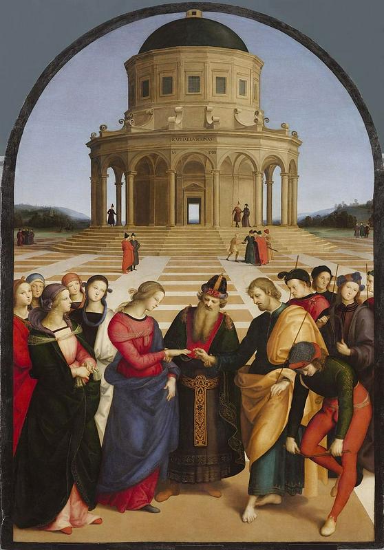 Marijina zaroka, 1504, 170 x 117 cm, olje na leseni plošči, Pinacoteva di Brera, Milano. Foto: Wikipedia Marijina zaroka, 1504, 170 x 117 cm, olje na leseni plošči, Pinacoteva di Brera, Milano. Foto: Wikipedia