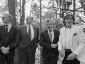 Marko Demšar, Jože Pučnik, Milan Kučan in Ivan Kramberger pred volitvami za predsednika predsedstva leta 1990. Foto: Nace Bizilj/hrani Muzej novejše zgodovine Slovenije