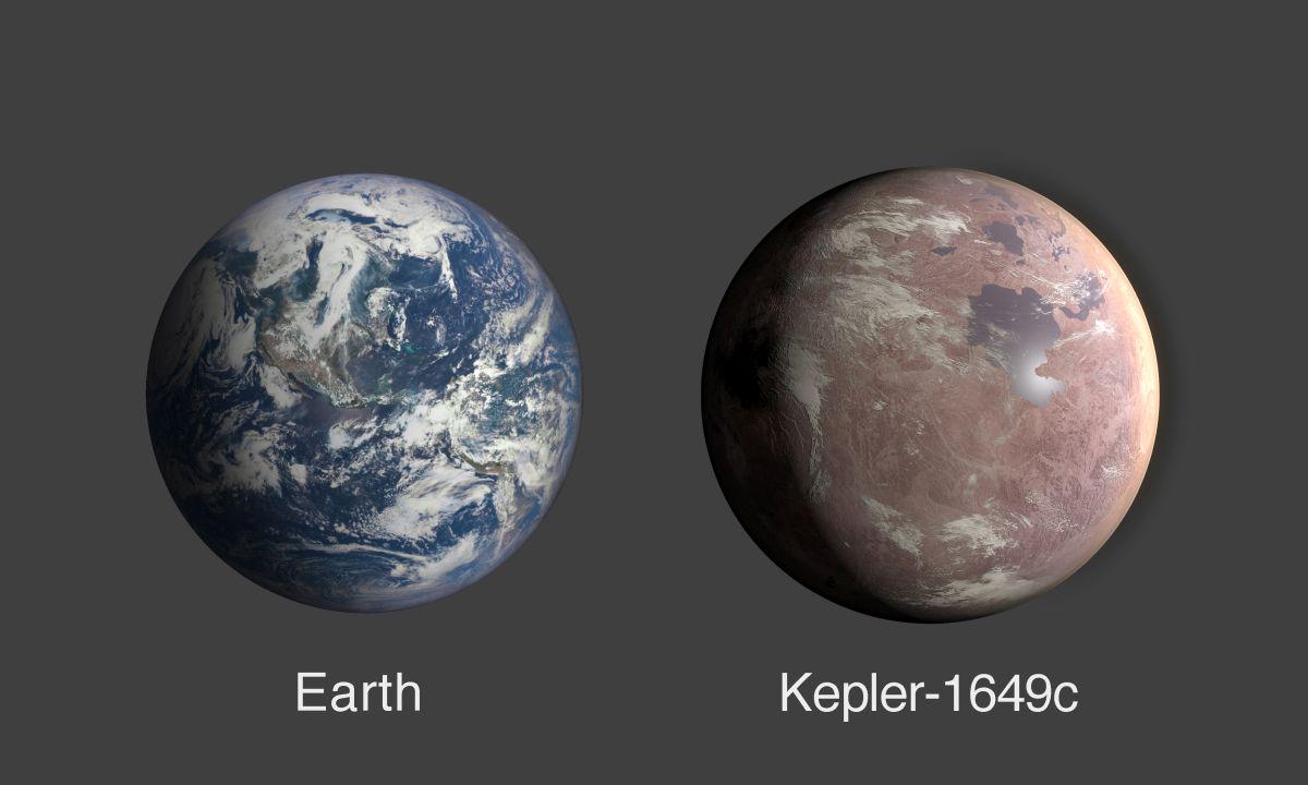 Primerjava velikosti, levo Zemlja, desno Kepler-1649c. V sistemu je še en planet, vendar kroži zelo blizu zvezde in je zagotovo prevroč. Foto: NASA/Ames Research Center/Daniel Rutter Primerjava velikosti, levo Zemlja, desno Kepler-1649c. V sistemu je še en planet, vendar kroži zelo blizu zvezde in je zagotovo prevroč. Foto: NASA/Ames Research Center/Daniel Rutter