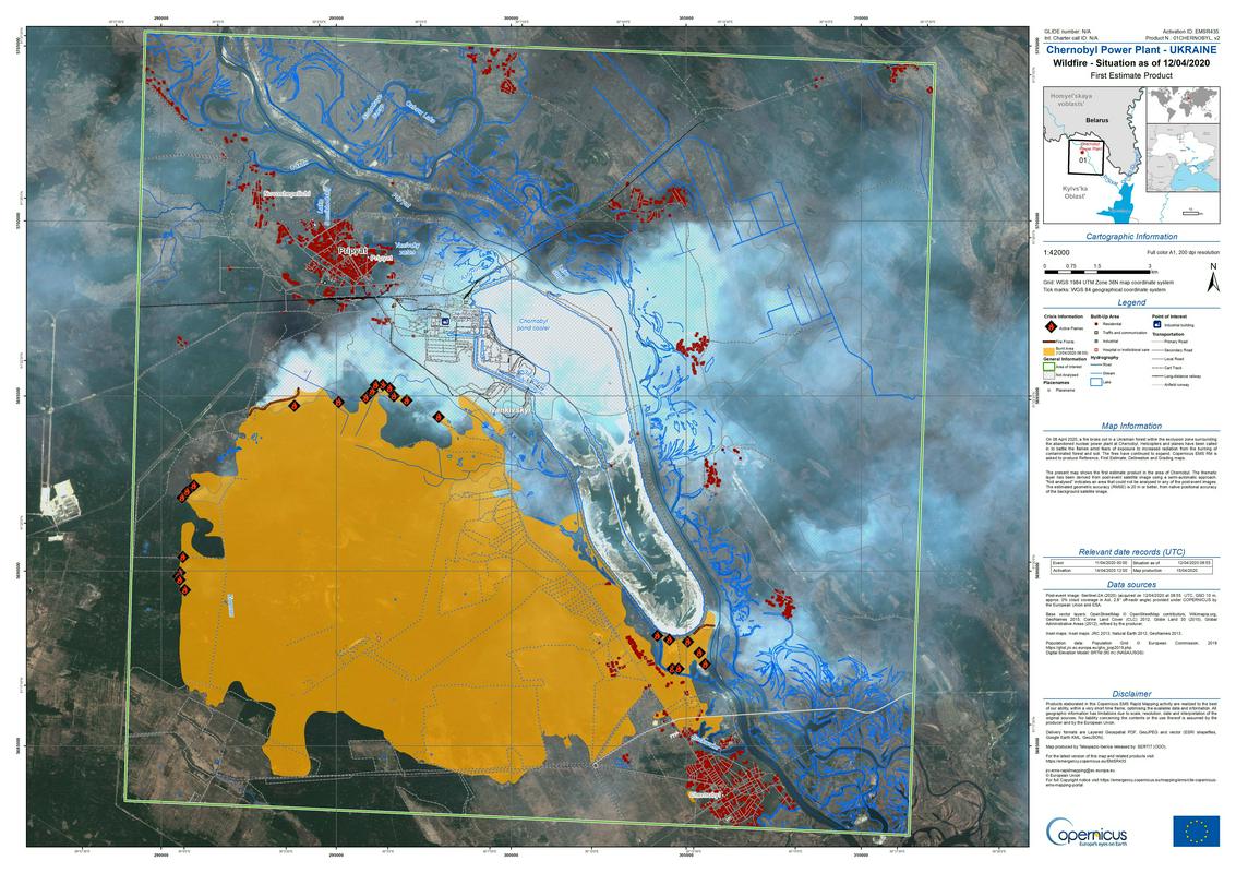 Požgano območje z rumeno, rdeče lise so poseljene. Foto: Copernicus Emergency Management Service Požgano območje z rumeno, rdeče lise so poseljene. Foto: Copernicus Emergency Management Service