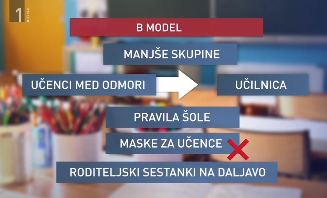 Pristojni organi bodo vladi v četrtek predlagali, da se šolsko leto začne po tako imenovanem modelu B, ki predvideva, da se bodo vsi učenci in dijaki vrnili v šolo z določenimi omejitvami.  Foto: Televizija Slovenija, posnetek zaslona