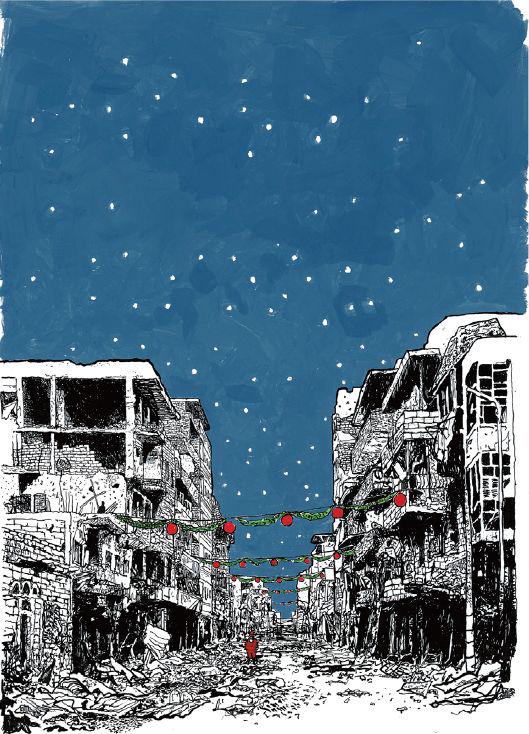 Vesel božič, 2016, tuš in akril na papir, 29,7 x 42 cm. Foto: Galerija Lek Vesel božič, 2016, tuš in akril na papir, 29,7 x 42 cm. Foto: Galerija Lek