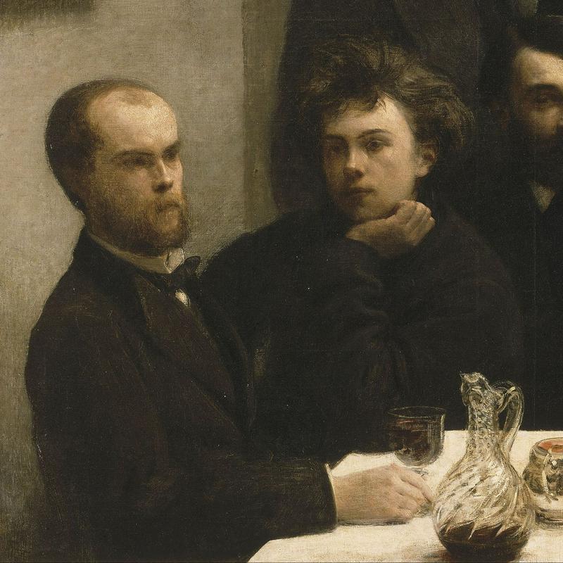 Paul Verlaine in Arthur Rimbaud, detajl slavnega skupinskega portreta pesniškega društva Parnas, ki ga je leta 1872 naslikal Henri Fantin-Latour v svojem delu Za mizo.  Foto: Wikipedia
