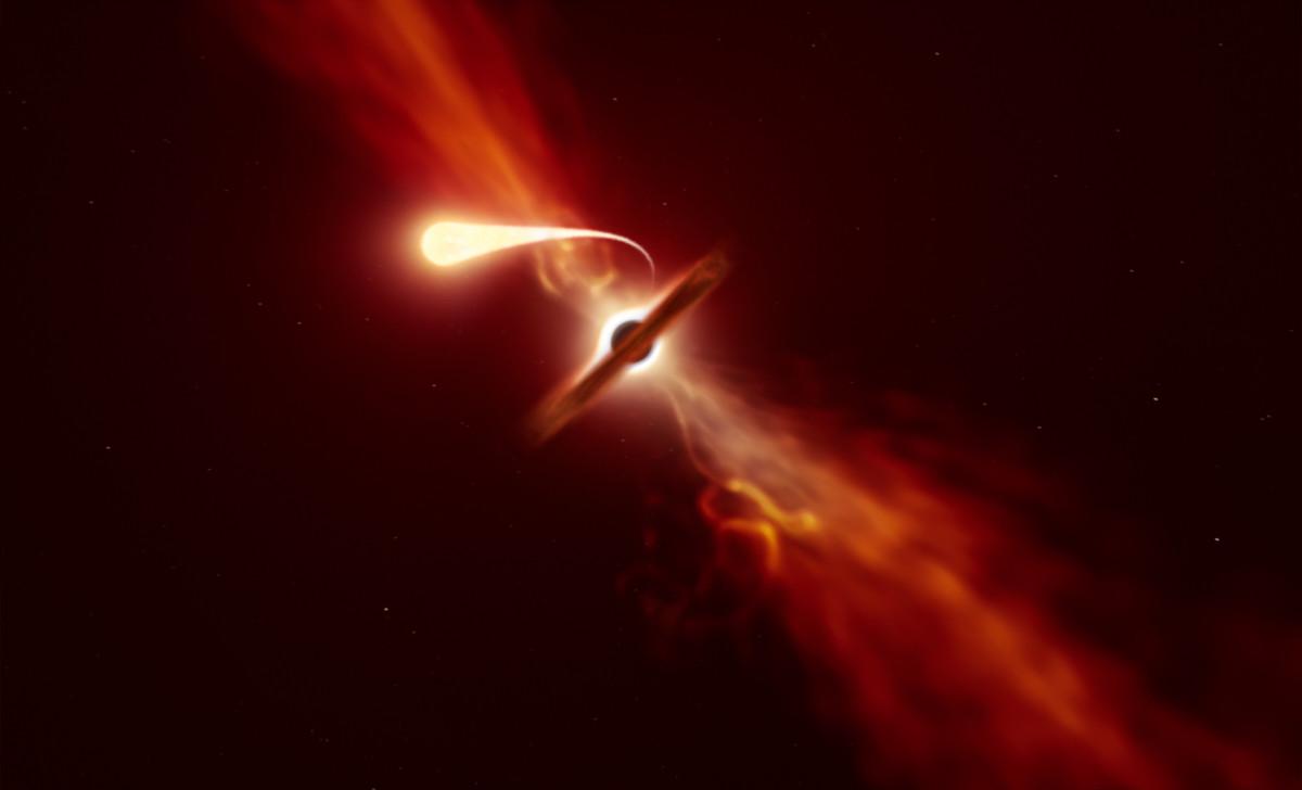 Blisk je bil prešibek za očesu prijazno podobo, zato so pri ESO-ju ustvarili tale umetniški približek dogodka. Foto: ESO/M. Kornmesser Blisk je bil prešibek za očesu prijazno podobo, zato so pri ESO-ju ustvarili tale umetniški približek dogodka. Foto: ESO/M. Kornmesser