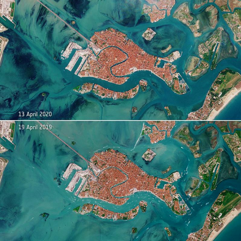 Običajne in covidne Benetke. Foto: Copernicus Sentinel data (2019-20), processed by ESA Običajne in covidne Benetke. Foto: Copernicus Sentinel data (2019-20), processed by ESA